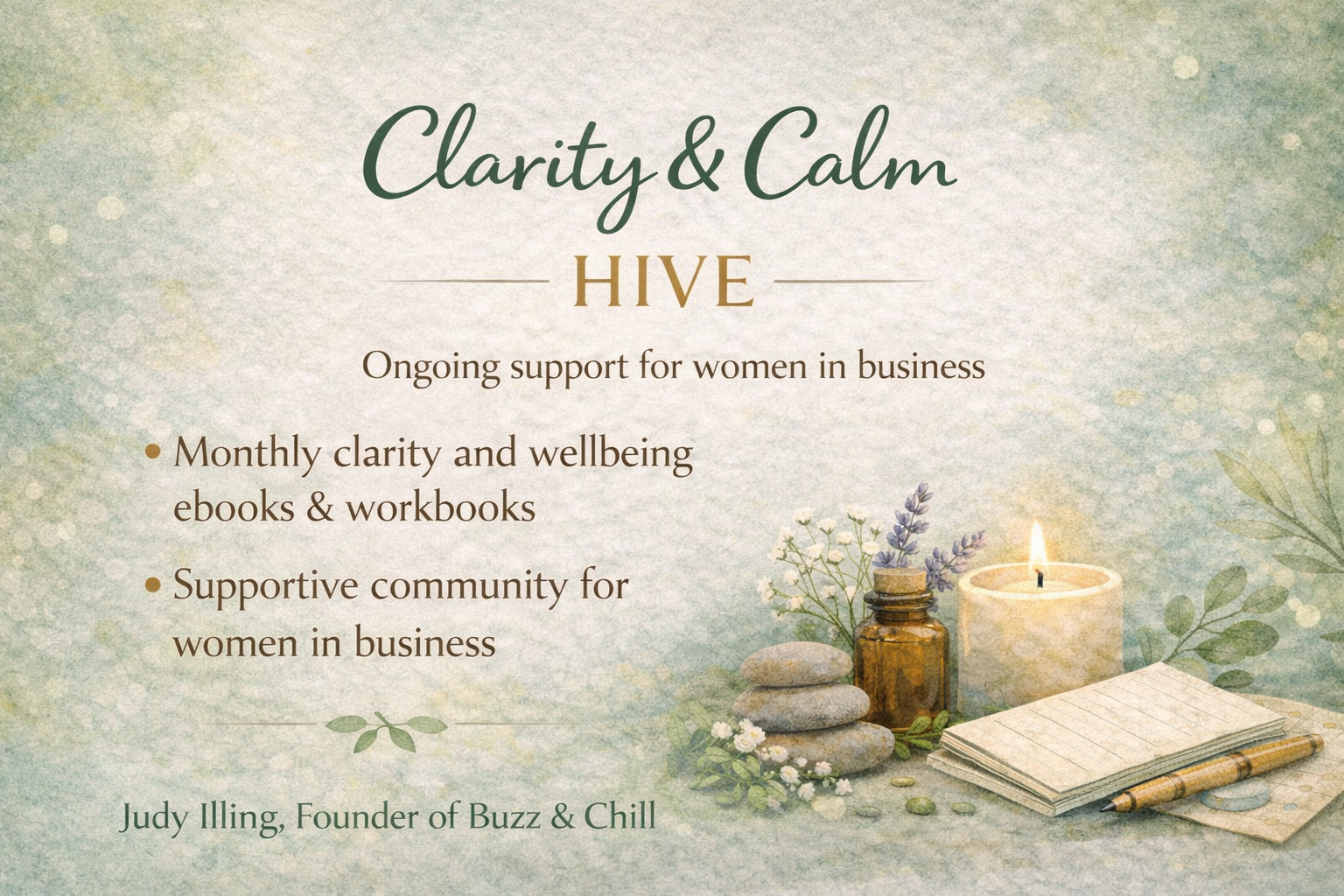 Clarity & Calm Hive photof of notebook and candle